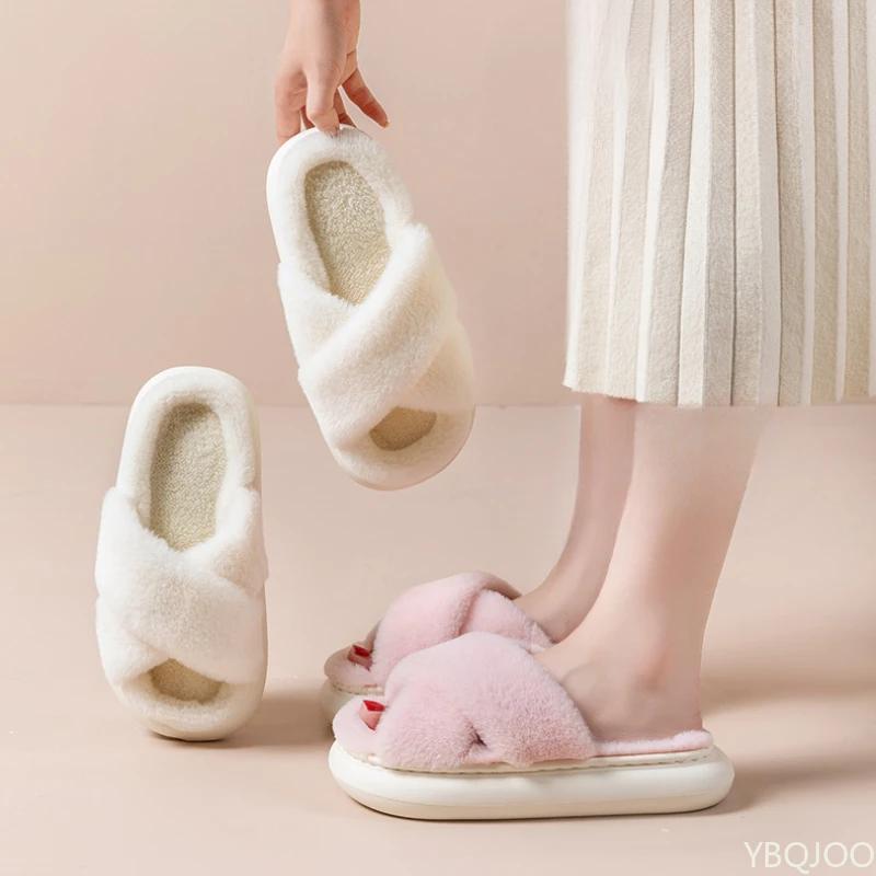 Fashion Popular Winter Plush Cross Strap Women's Cotton Slippers for Indoor Warmth Thick Bottom Anti Slip for Women's Cotton Slippers