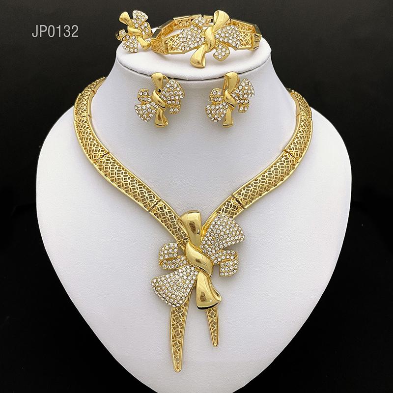 Italy 18k Gold Plated Women Zircon Set Classic Design Bowknot Necklace Earring Bracelet And Ring 4PCS Set Zircon Wedding Party
