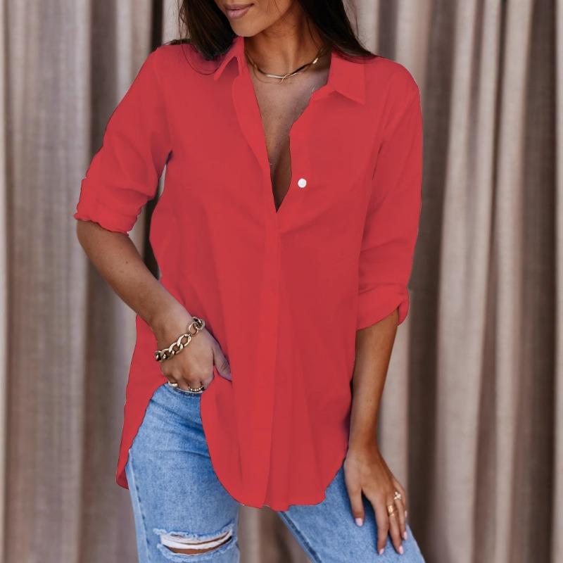 Fashion Long Sleeved Simple Loose Office Women Shirt Button-up Lapel Solid Color Casual Blouse Spring Autumn Solid Color Elegant Basic Tops Clothing
