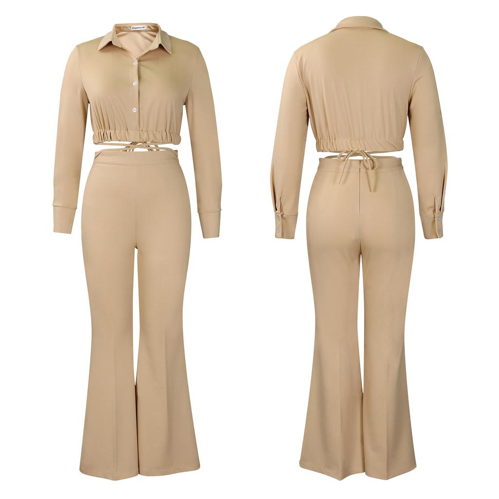 Dámská košile kalhoty plus size móda temperament klopa košile s vysokým pasem rozšířené kalhoty dvoudílný set