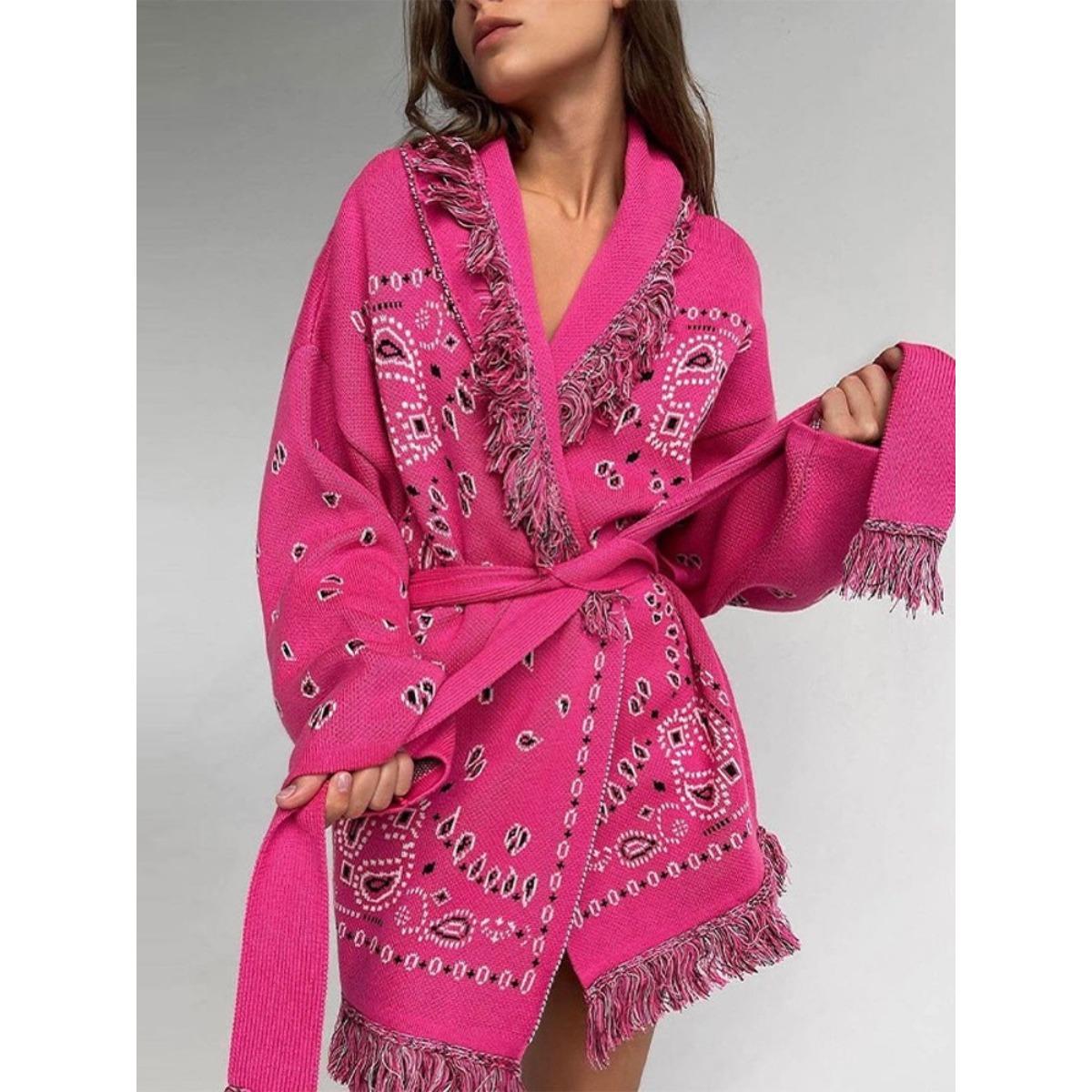 KOSY Knitted Jacquard Tassels Patchwork Cardigans