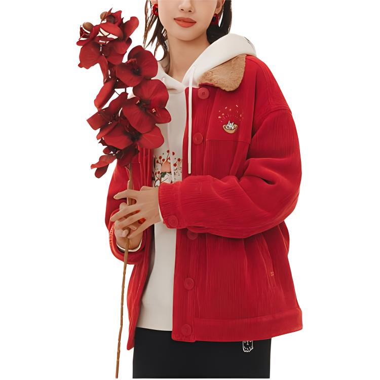 Lining Rich Daily Solid Color Letter Print Fleece Collar Jacket Corduroy Cotton Coat Women Jackets Samba-Red AFDT014-1