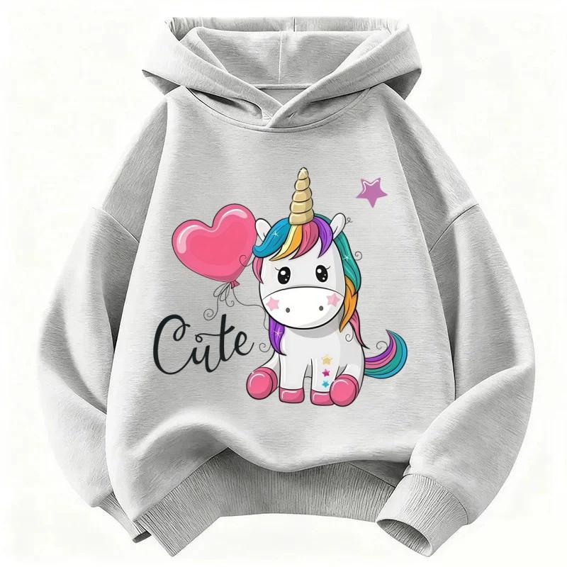 Classic children's comfortable hooded shirt with cute unicorn print, fashionable for sports,long-sleeved, casual pullover hoodie