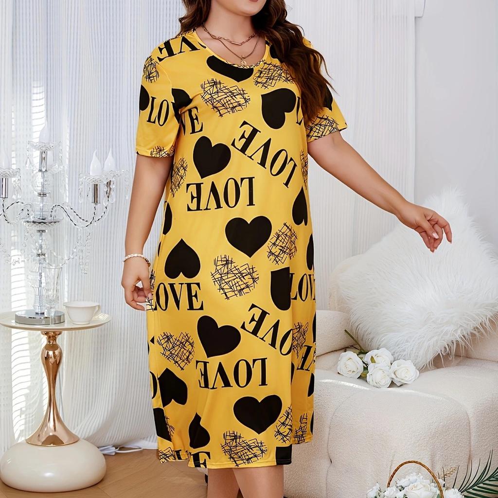 Large size nightdress yellow love print milk silk fresh and fresh home style fat MM loose short-sleeved nightdress