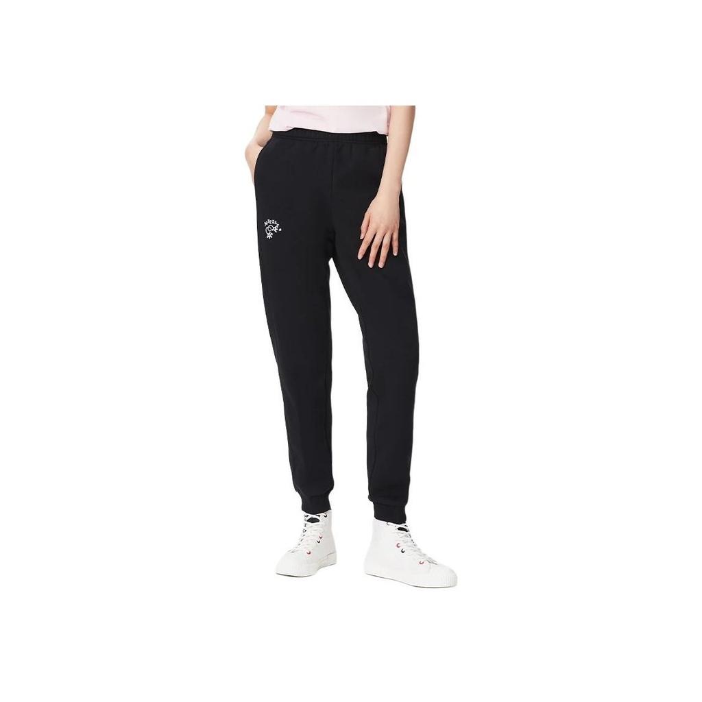 Li Ning X Disney Letter Print Fleece Warm Cuffed Sports Pants Women Bottoms Black AKLR682-1