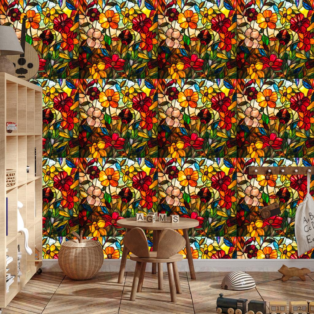 Wallpaper Stained Glass Flowers Gold, Yellow and Ochre for Living Room and Bedroom 50x1000