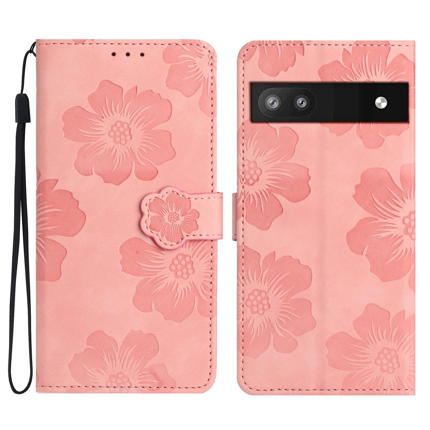 

For Google Pixel 6a Slim-fit Phone Cover Stand Phone Shell Imprinted Flower Pattern Leather Case Pink