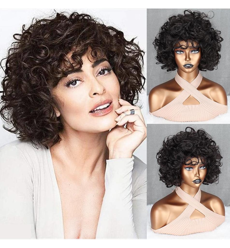 MISS WIG Braune, gemischte, goldene, kurze, lockige Perücke, afrikanische Locken, große Rollenperücke für Damen, tägliches Cosplay, synthetische Hochtemperaturfaserperücke