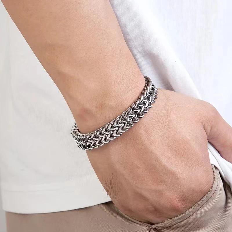 Fashionable Double Row Stainless Steel Chain Magnetic Clasp Bracelet for Men Motorcycle Riding Rock Party Jewelry Gift