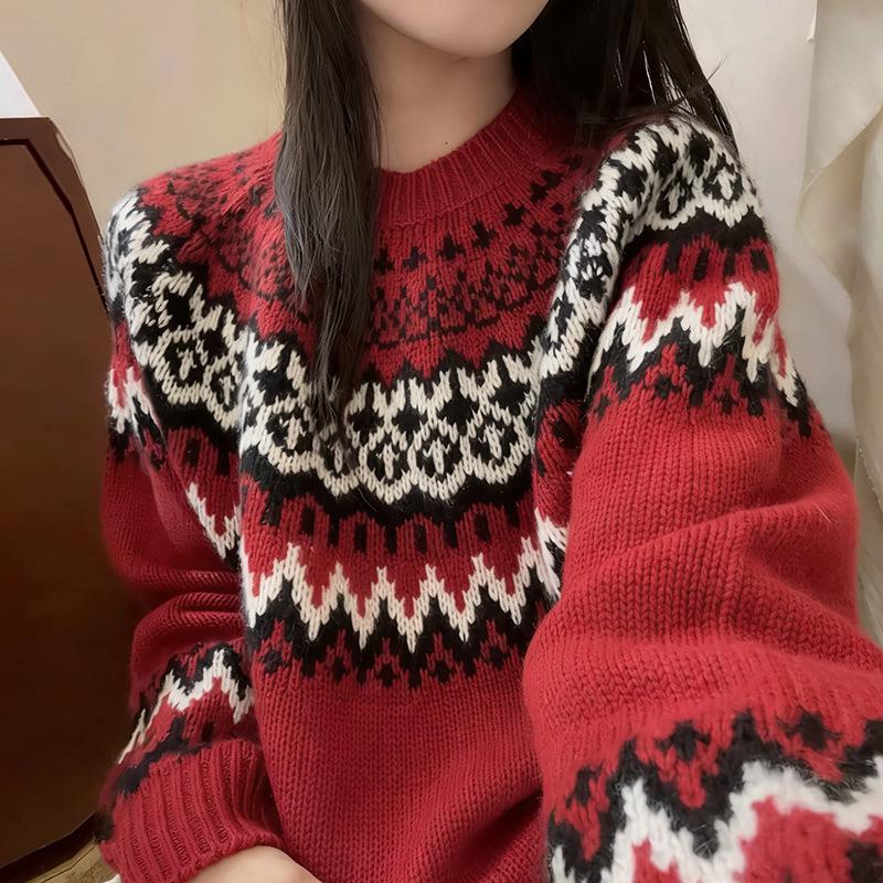 Women's Red Fair Isle Wool Sweater - Round Neck, Loose Fit, Thick Knit