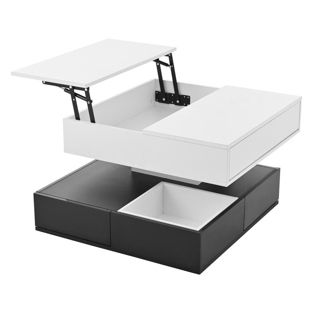 70*70*40cm Coffee Table with 360 degrees Rotating Tabletop, Double-Layer Living Room Table with 3 Drawers, Liftable Sofa Table, White+Black