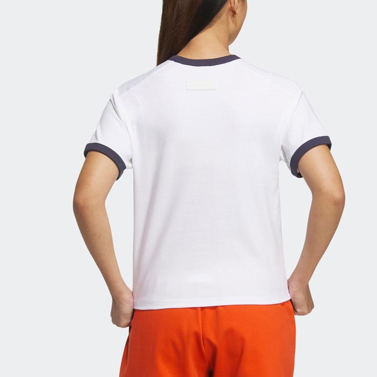 Adidas Logo Embroidery Letter Print Ribbed Crew Neck Short Sleeve T-Shirt Women Tops White Dark-Teal IP3940