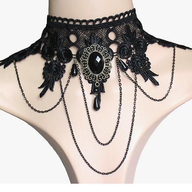 Punk Wide Neck Black Lace Necklace, Banquet Dress Exaggerated Fringe Pendant Collarbone Chain Women