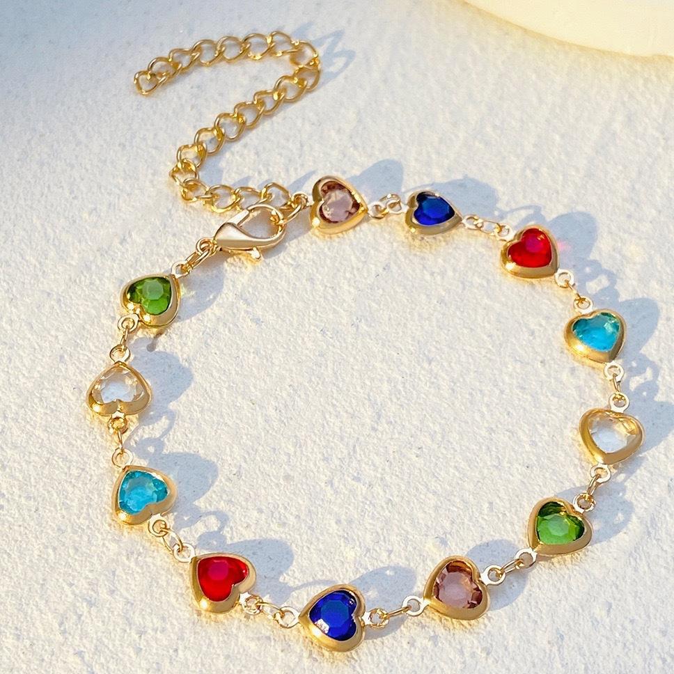Fashion Women's Bracelet with Colorful Heart Gem Stones - Adjustable Gold Chain Jewelry for Daily Wear