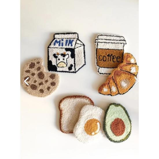 

Handmade 7-Piece Punch Needle Breakfast Patterned Mug Rug Coffee Serving Coaster