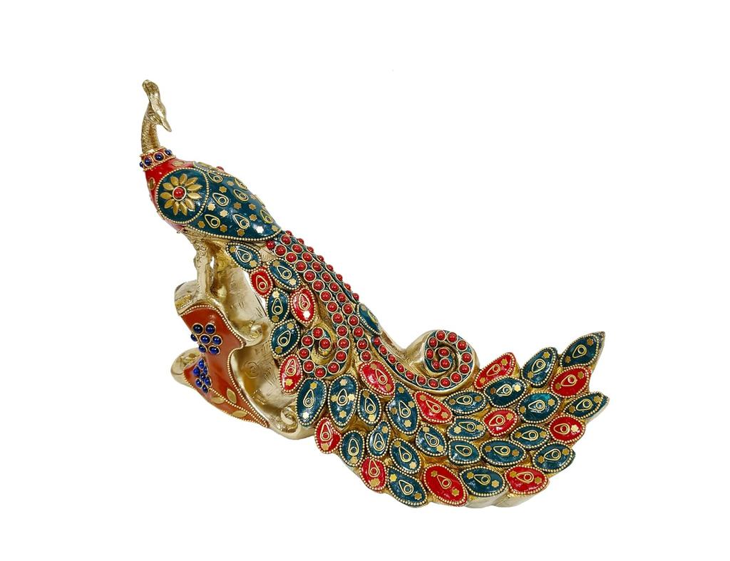 Original Brass Vintage Peacock Sitting Decorative Showpiece In Multicolored