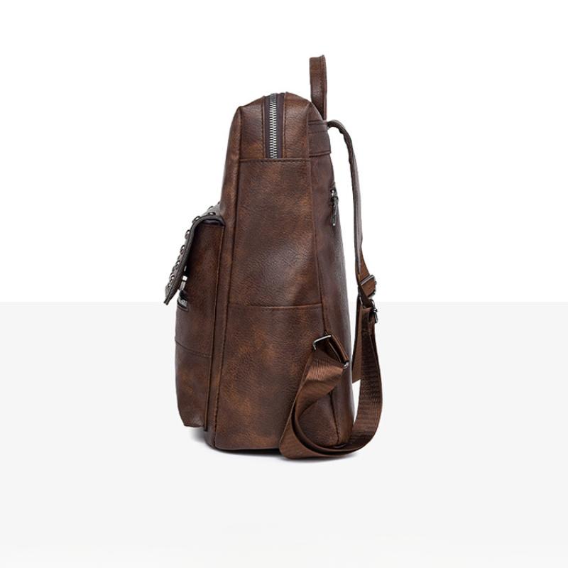 European and American Retro Versatile Women's Backpack High Quality Soft PU Leather College Student Rucksack Trendy Fashion Rivet Outdoor Travel Bag