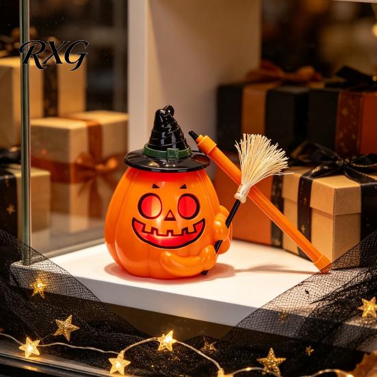 Light Up Pumpkin Decor Glowing Halloween Lantern, Jack O Lantern with Witch Hat Broom, Candy Collecting Decor, Trick or Treat Prop for Kids
