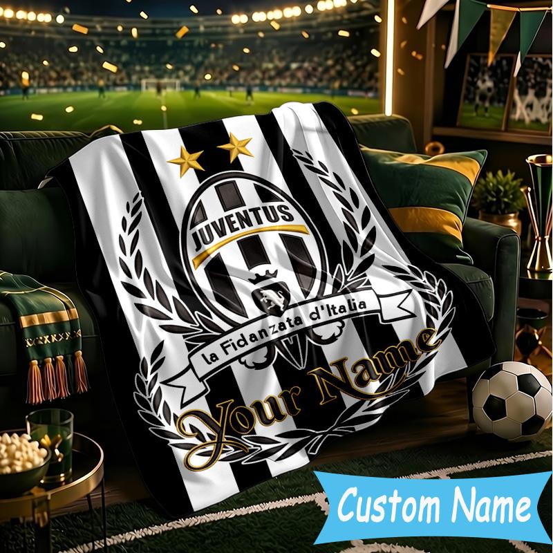 Custom Name Juventus Football Crest Flannel Blanket, Use for Birthday/Holiday Gift, Soft Blanket for Sofa/Bed/Camping/Office, Home Decor