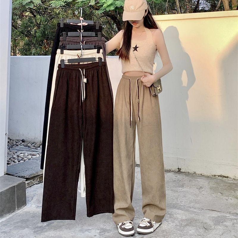 Pantaloni da Donna a Vita Alta Gamba Larga Gamba Dritta Stile da Pendolare Velluto a Coste Ultra Fine Coulisse Doppia Primavera Autunno Larghi Casual Lunghi