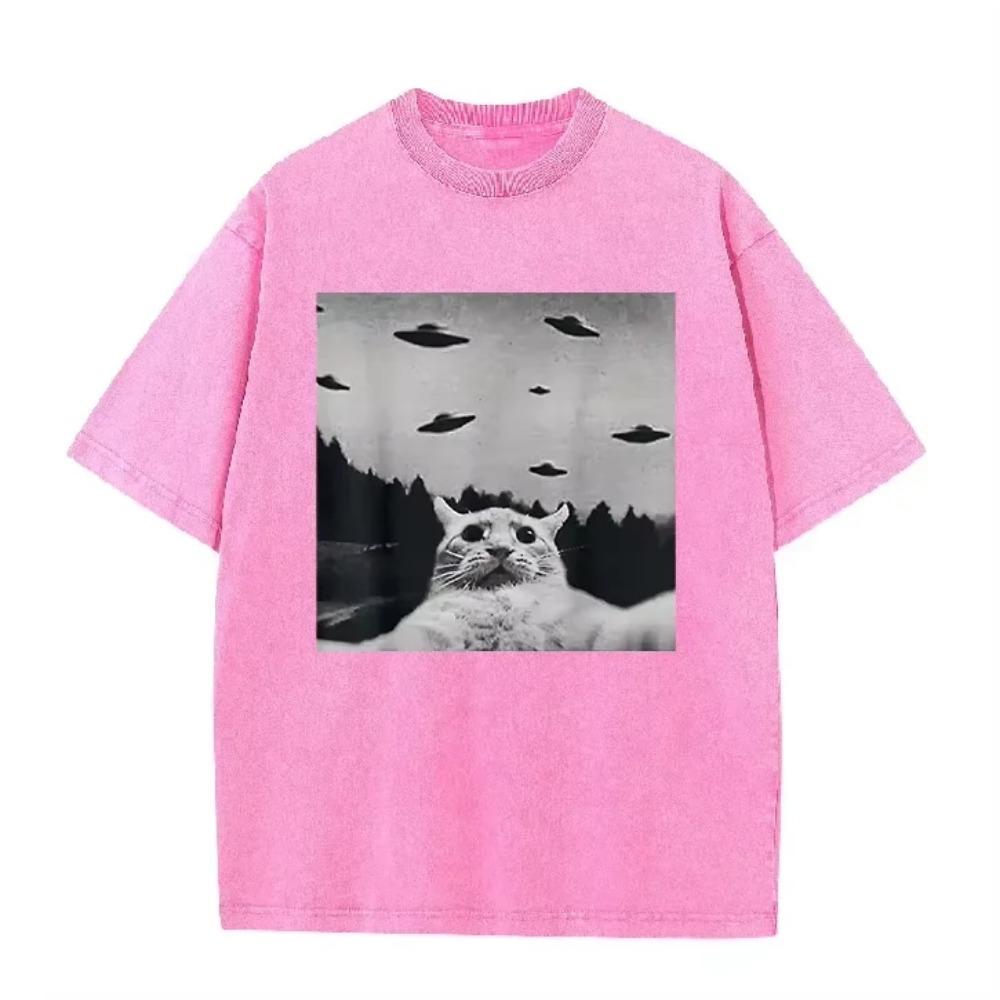 Retro Acid Wash Oversized T-Shirt Seltsame Katze Fliegende Untertasse Vintage Grafik Lässig Herren Damen Sommer Oberteile