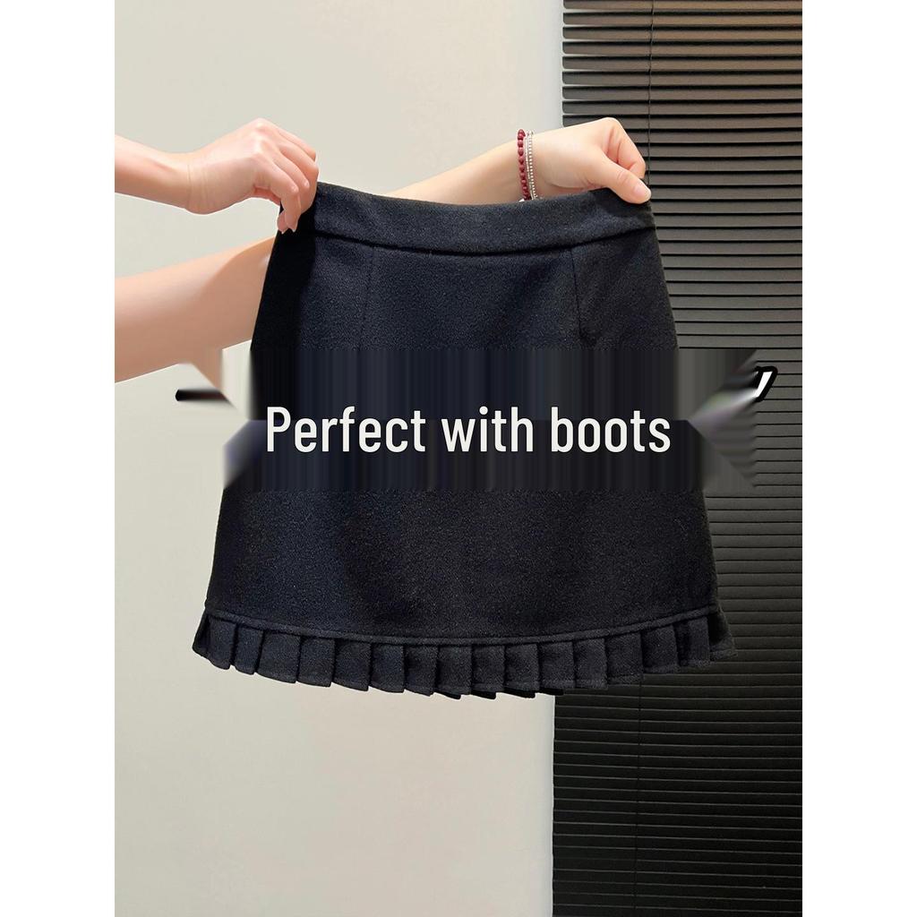 Plus Size Dark Grey Woolen Retro Pleated A-line Skirt for Women - Spring/Autumn