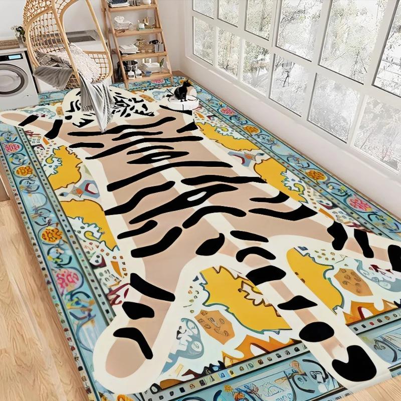 Tapete de Chão Lúdico com Estampa de Tigre Nórdico - Capacho Estilo Desenho Animado para Banheiro Vaso Sanitário Quarto Hotel Decoração de Casa Fácil de Limpar Moda