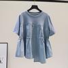 Women Clothing Irregular Contrast Patchwork Trend Tops Summer New Short Sleeve Drawstring Loose Vintage T Shirts Fashion Casual