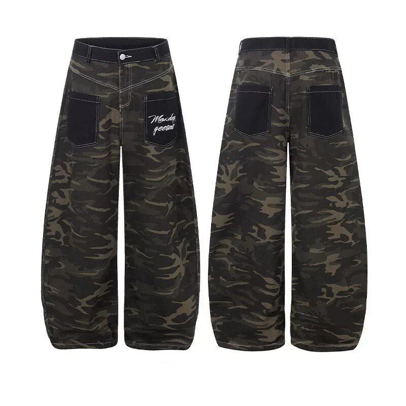 Herren lockere Camouflage gewaschene Jeans mit aufgesetzter Tasche, geradem Bein, lässige Jeans