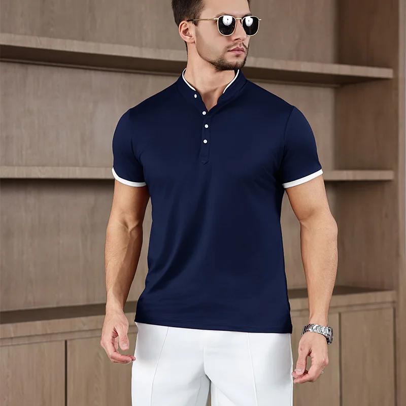 Men's Casual Fashion Solid Color Short Sleeve Stand up Collar T-shirt 2026 Summer Versatile Comfortable Top