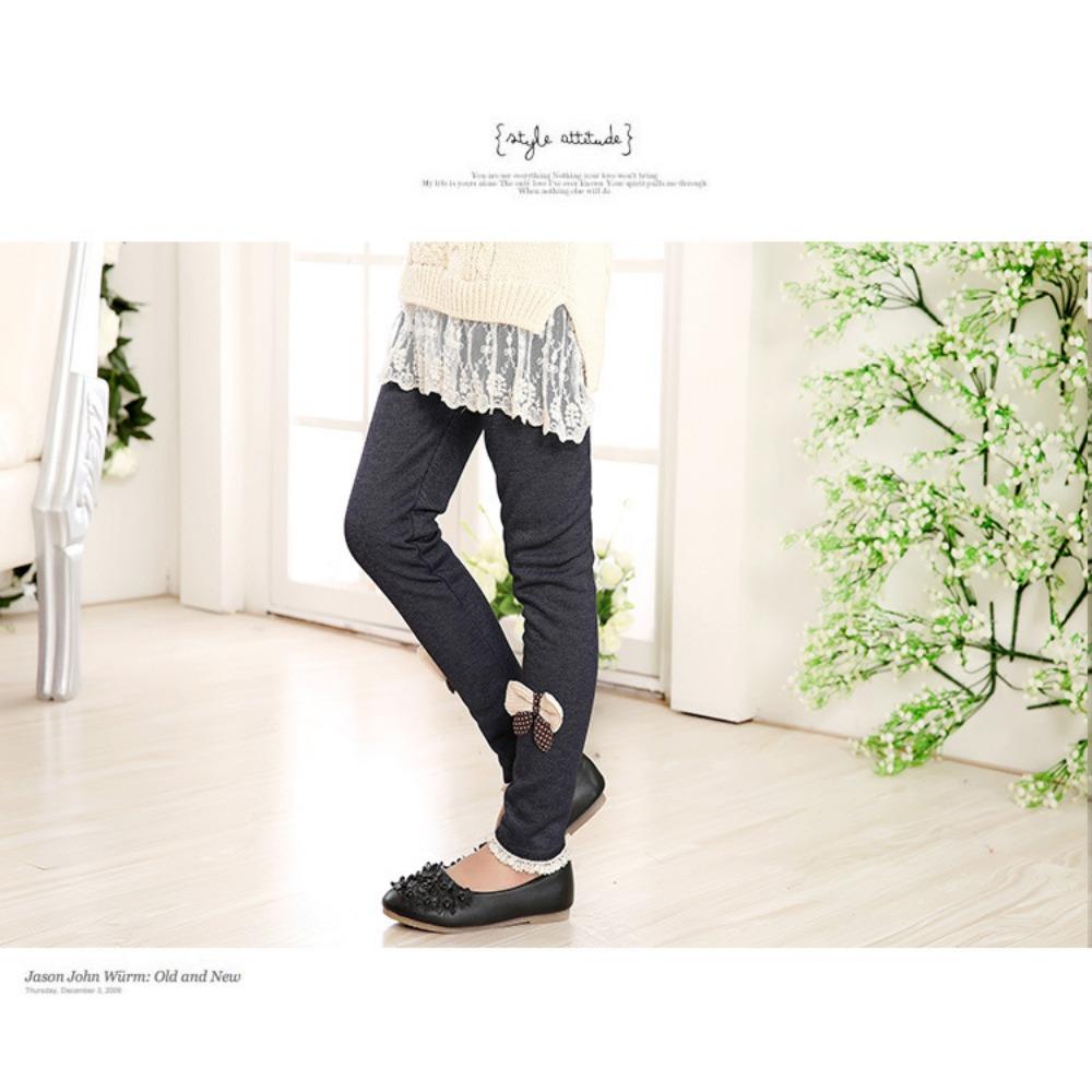 Girls' Cute Bow Denim Leggings with Fleece Lining - Thickened Warm Casual Long Pants Fall/Winter Pants