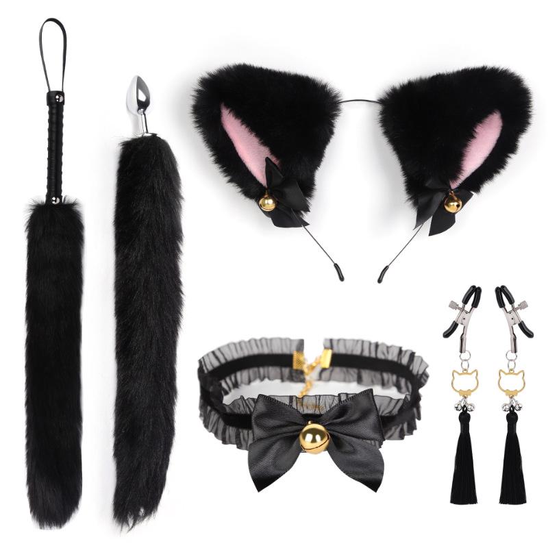 Cat Tail Bell Headband, Anal Plug, Nipple Clamps Flirting Set