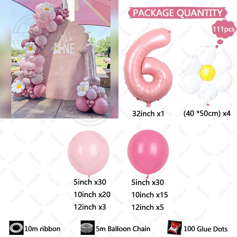 111pcs Daisy Flower Theme Party Decoration Pink Numbers 1-9 Birthday Balloon Set Baby Shower Photography Props Festival Supplies