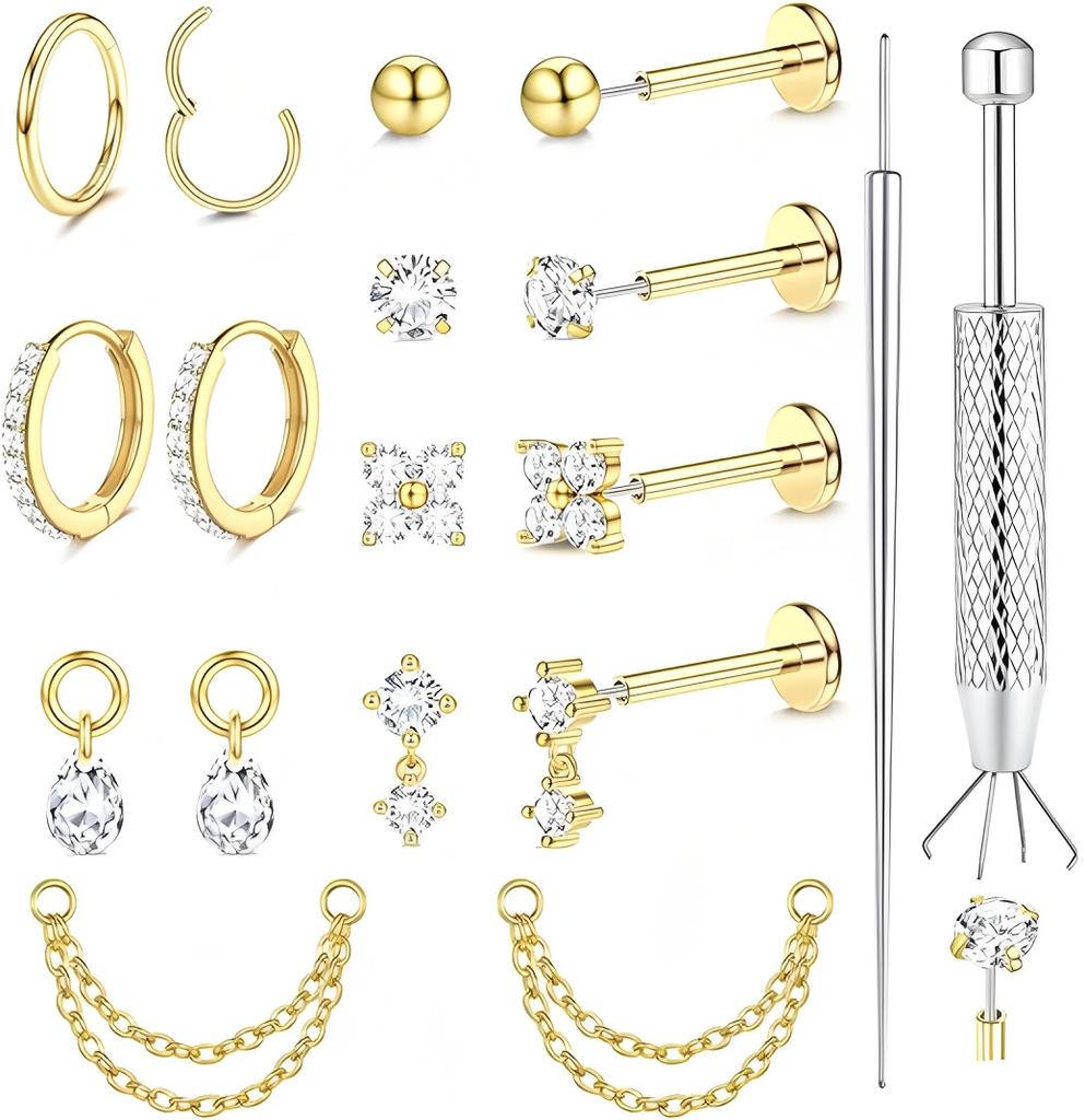 New 316L stainless steel plug-in ear nail set, high-quality zircon inlaid lip nail, ear bone nail, nose nail set