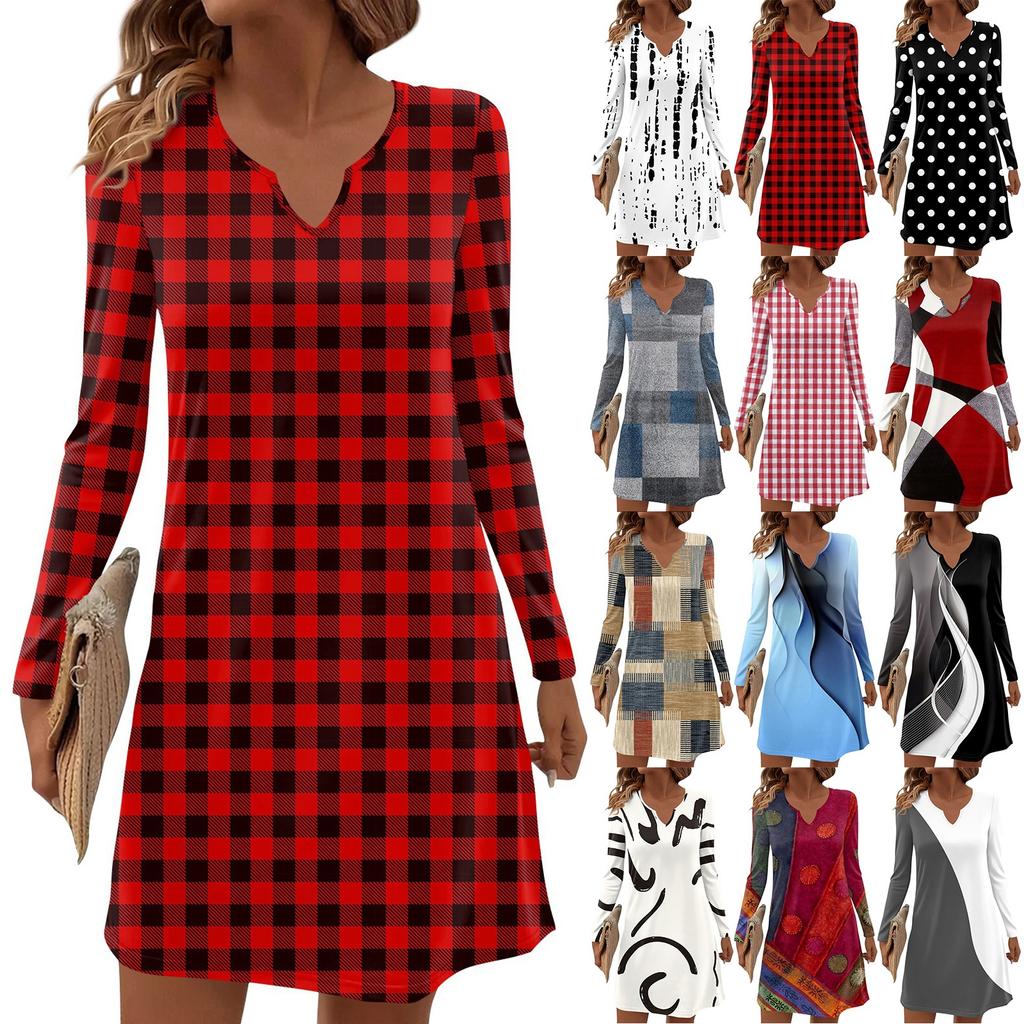 Women's Long-sleeved Casual Midi Dresses V-Neck Print  Casual Dress