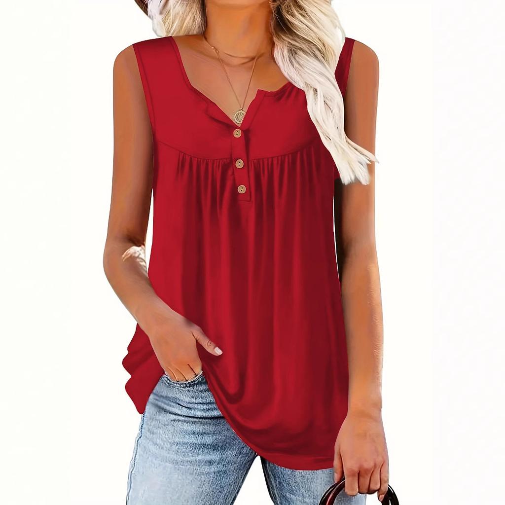 Women's Notch Neck Sleeveless Plus Size Tank Top Solid Color Front Pleated Button Casual Camisole
