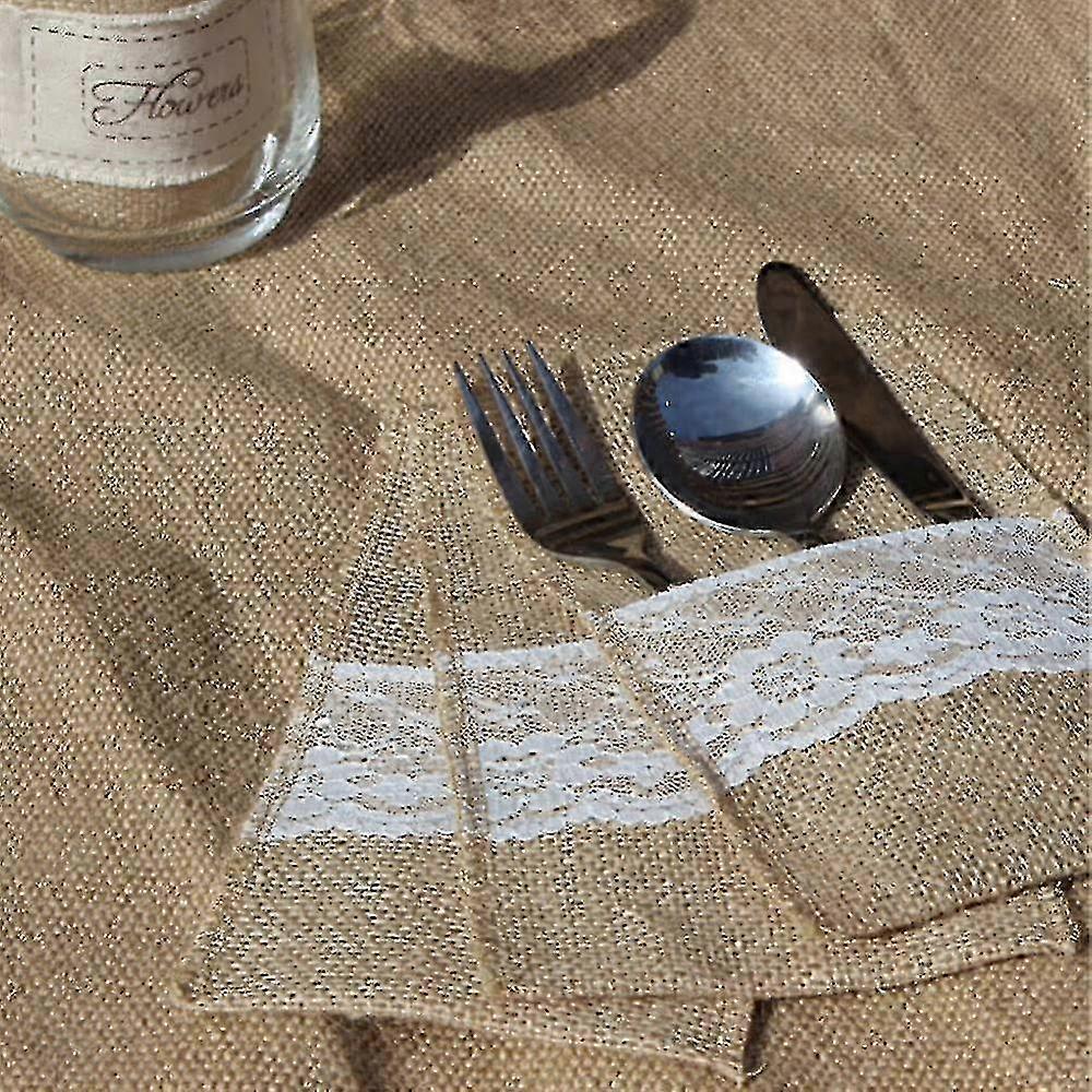 Set Of 10 Natural Jute Cutlery Bags, Jute With Lace Knife Bags, Cutlery Bags For Wedding