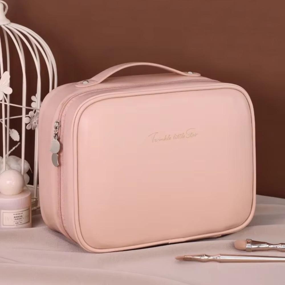 

High Quality Portable Cosmetic Bag PU Leather Double Layer Women Toiletry Bag Large Capacity Make Up Storage Bag розовый