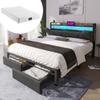 Pat tapițat cu încărcare USB Type-C, tăblie cu spațiu de depozitare, iluminare LED, sertare, pat 160x200, cadru metalic de pat, somieră cu lamele, Gri (cu saltea)