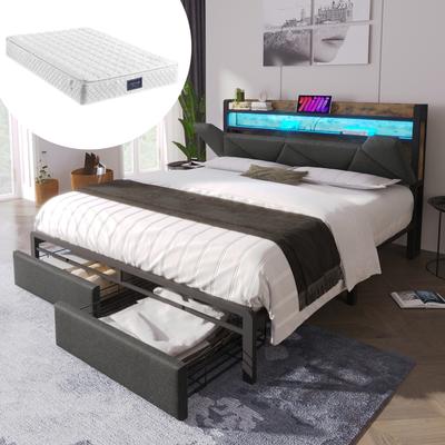 Upholstered Bed with USB Type-C Charging, Storage Headboard, LED Lighting, Drawers, Bed 160x200, Metal Bed Frame, Slatted Frame, Grey (with Mattress)