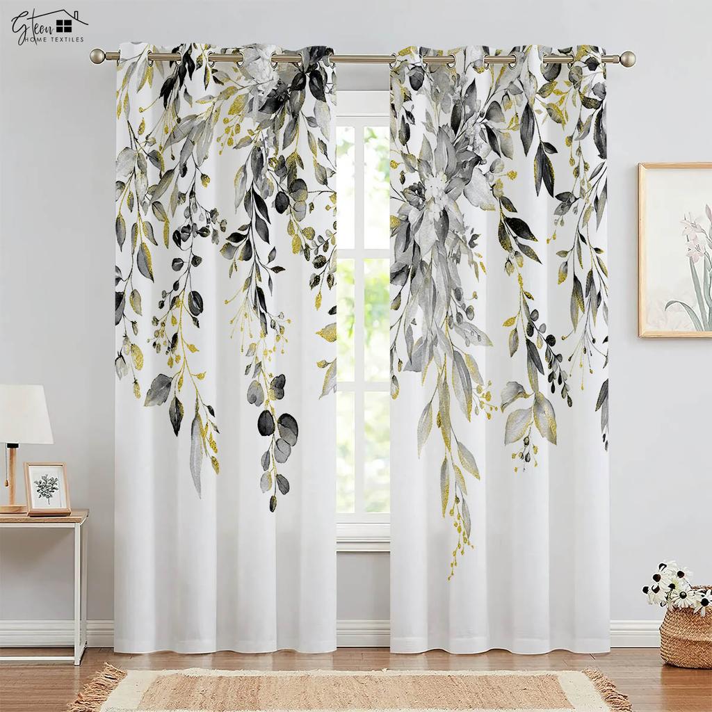 2-Piece Set of Of Autumn Leaf Print Design Window Curtains Machine Washable Bed Room Living Room Kitchen Four Seasons Decorative Curtains