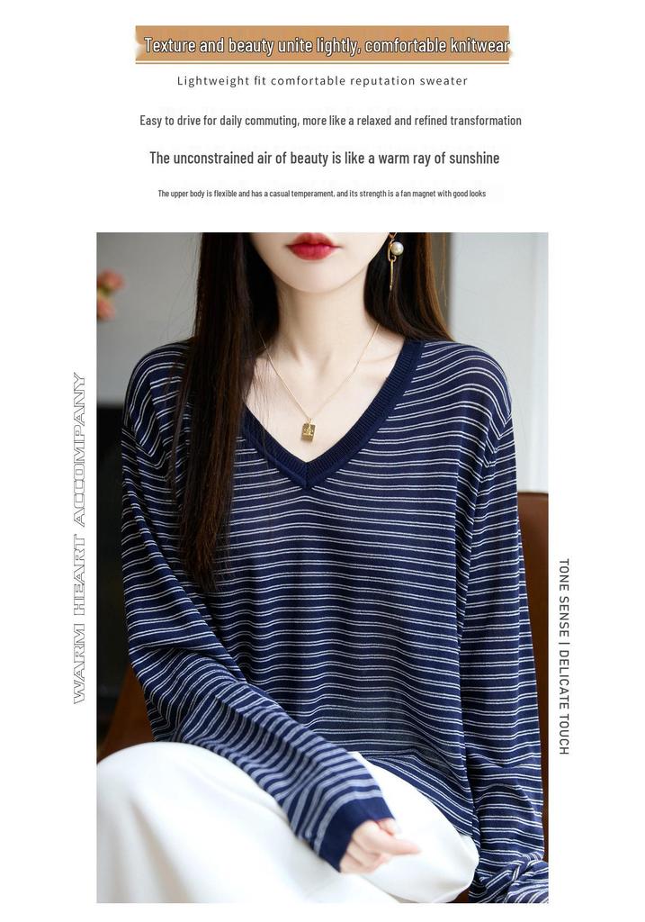 V-neck Double Stripe Color-Block Sweater for Autumn/Winter Fashion