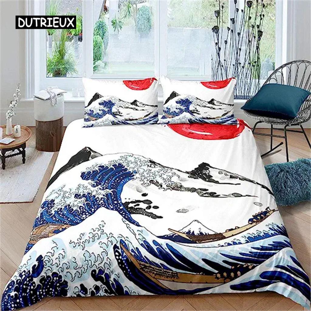 Duvet Cover Japanese Style Sea Ocean Waves Nautical Hand Drawn Japanese Style Cover Illustration Ukiyoe Themed Decor Blue Cream