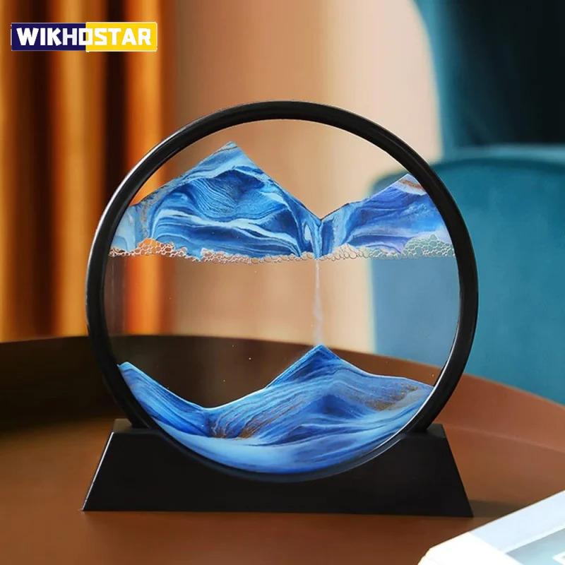 3D Hourglass Quicksand Moving Sand Art Picture Round Glass Deep Sea Sandscape Craft Flowing Painting Home Office Work Decor