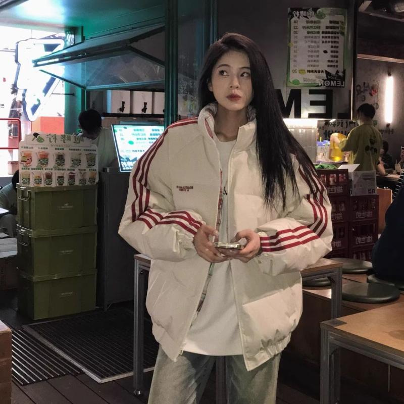 Patchwork Stripe Winter Cotton Coat Women Loose Thick Padded Jacket Casual Outwear