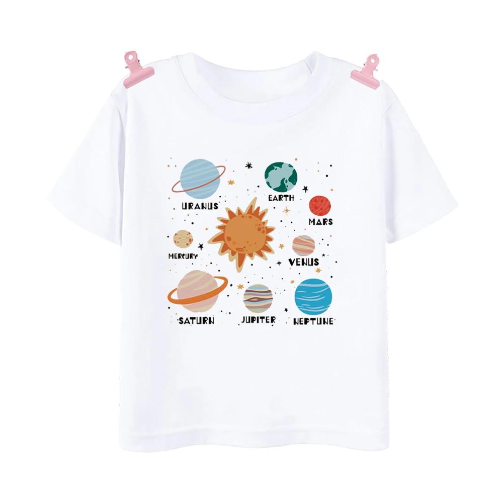 Space Planet Astronaut Cartoon Pattern Summer Childrens Tshirt Short Sleeved Round Neck Top Childrens Boys and Girls Clothing
