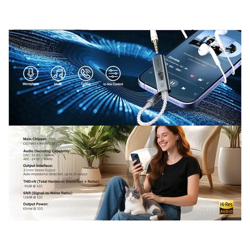 CX31993 MAX97220 USB C To 3.5 Mm Jack Adapter DAC Type-C Hi-Fi Stereo Earphone Headphone AUX Converter Audio Amplifier