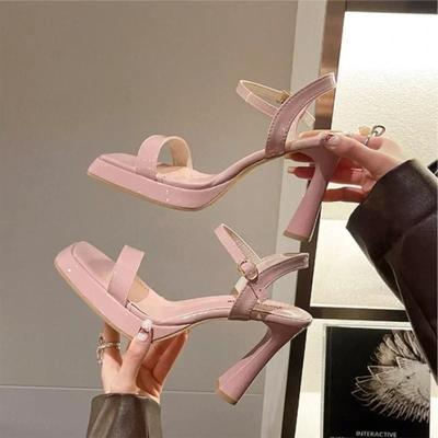 New Summer Sandals Ladies Ankle Strap Heeled  Women Fashion Square Toe Platform High Heels Woman Buckle  Shoes