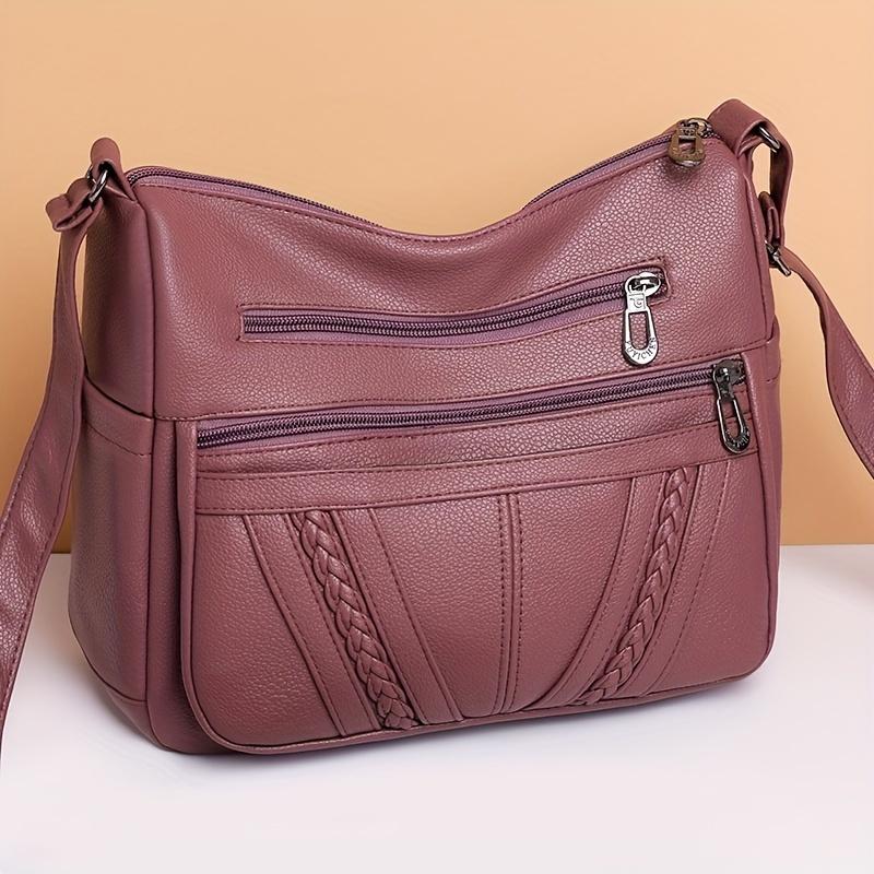 Braided Detail PU Leather Crossbody Bag, Women's Multi-Pocket Shoulder Purse, Fashion Soft Handbag