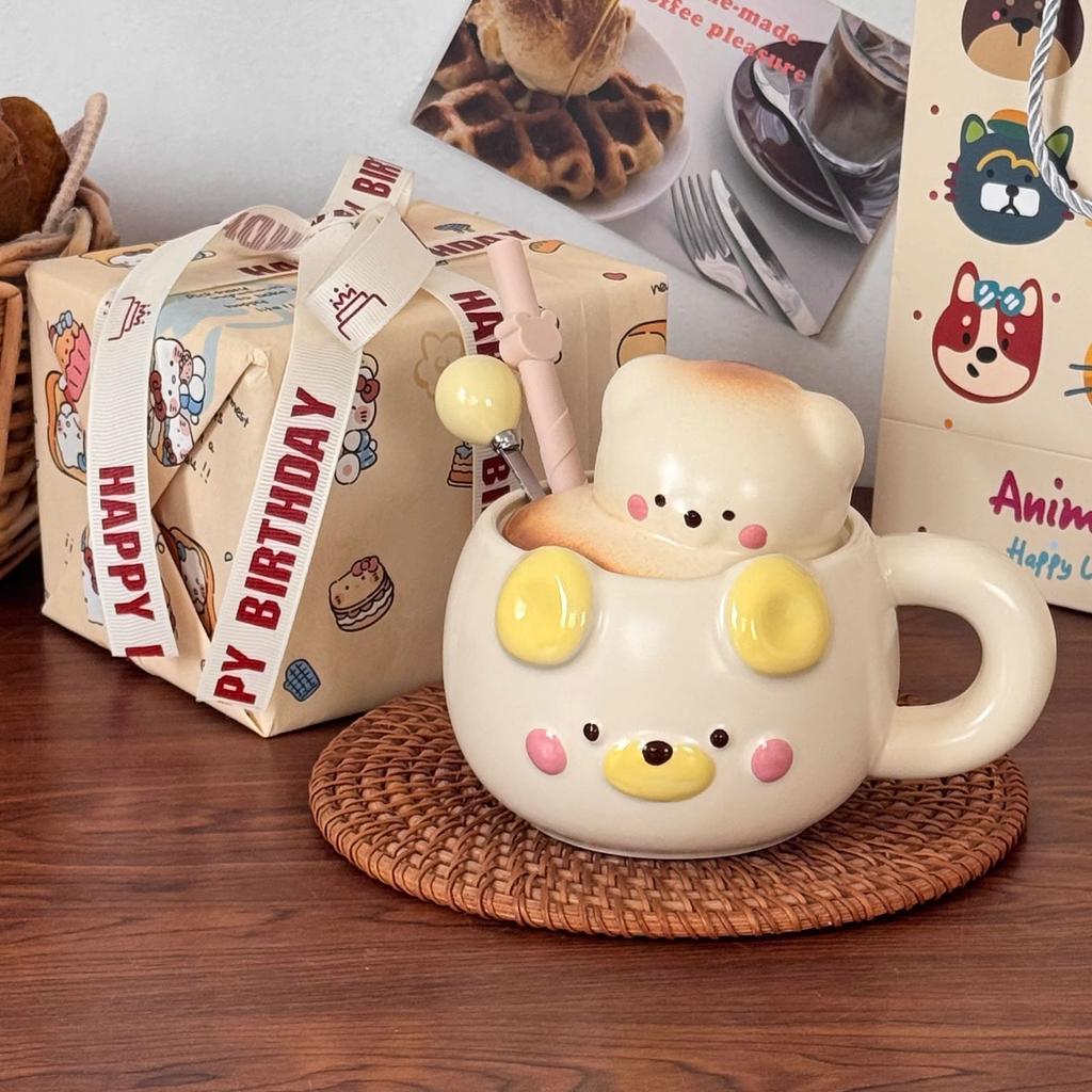 Birthday gift cute bear ceramic mug gift box couple straw water cup for girls